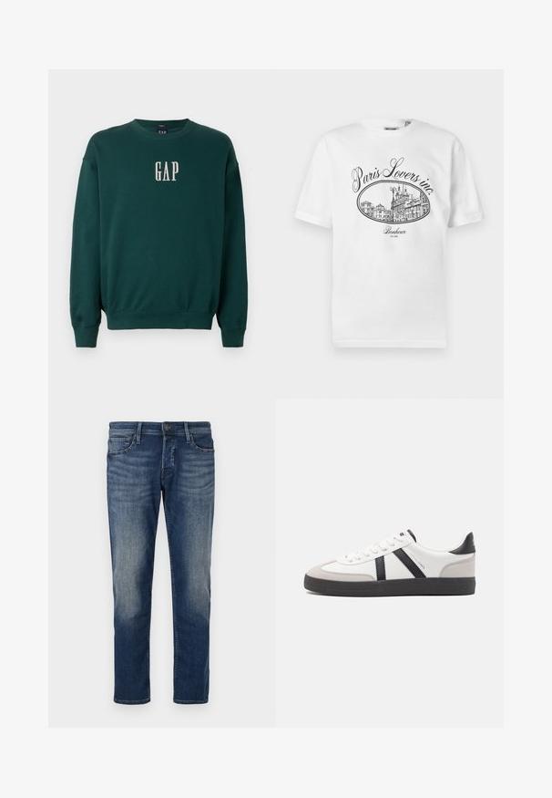 Grüner Langarm-Sweatshirt mit gerippten Bündchen und Saum, mit weißem, gesticktem "GAP"-Logo auf der Brust. Weicher Stoff.; Weißes Baumwoll-T-Shirt mit einem schwarzen illustrativen Druck einer Pariser Stadtszene und dem Text "Paris Lovers inc." sowie "Bonheur EST.1992."; Dunkelblaue Jeans aus Denim mit klassischer Passform, Fünf-Taschen-Design, dezentem Ausbleichen an den Oberschenkeln und geradem Bein. Metallknopfverschluss.; Weiße Sneaker mit schwarz- und grau-aczenten, ausgestattet mit einer strukturierten grauen Zehenkappe, schwarzer Gummi-Sohle und flachen weißen Schnürsenkeln. Sauberes Design, minimalistische Stil.