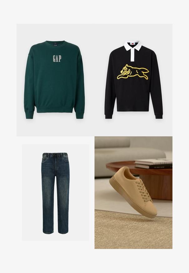Grøn langærmet sweatshirt med ribbede manchetter og talje, med hvidt broderet "GAP" logo på brystet. Blødt stof.; Sort langærmet polo med hvid krave, med en stor gul grafik af en springende skabning med overdrevne træk på forsiden.; Mørkeblå denimjeans med elastisk taljebånd og sort-hvid snøre, lige benpasform og forlommer.; Beige snørestøvler, der svæver over et tekstureret tæppe med et træ sofabord og stablede bøger i en sløret baggrund.