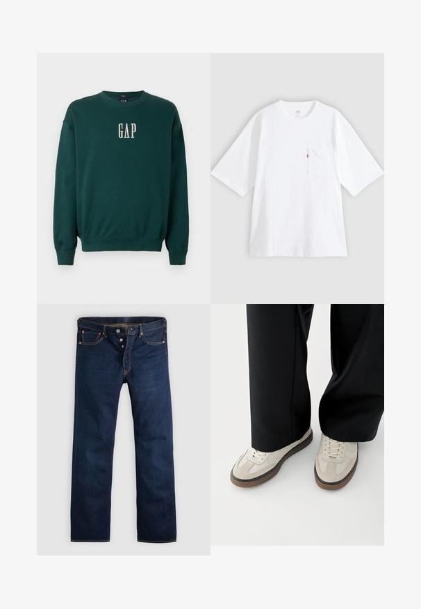 Grüner Langarm-Sweatshirt mit gerippten Bündchen und Saum, mit weißem, gesticktem "GAP"-Logo auf der Brust. Weicher Stoff.; Weißes Baumwoll-T-Shirt mit kurzen Ärmeln, rundem Ausschnitt und Brusttasche auf der linken Seite. Mit kleinem rotem Logotag an der Tasche.; Dunkelblaue Jeans aus Denim mit geradem Bein, fünf Taschen und goldenen Nähten. Verfügt über einen Knopfverschluss und Kupfernieten. Glatte Textur.; Füße mit beigen Sneakers mit braunen Sohlen und schwarzen Hosen mit weitem Bein auf weißem Hintergrund.