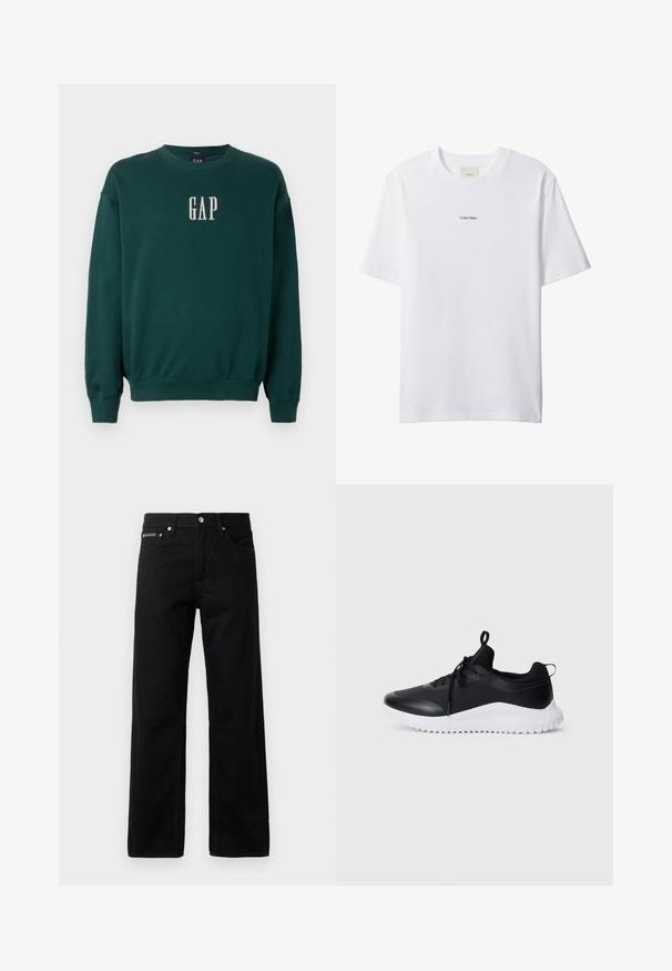 Grøn langærmet sweatshirt med ribbede manchetter og talje, med hvidt broderet "GAP" logo på brystet. Blødt stof.; Hvid bomuld t-shirt med rund hals og korte ærmer. Har en lille sort "Calvin Klein"-logo centreret på brystet.; Sorte denim jeans med lige ben, fem lommer og et logo-tag foran, med metalbeslag og en glat tekstur.; Sorte atletiske sneakers med en glat, struktureret overdel, snørebåndslukning og en kontrastfarvet hvid, rillet sål. Bagtil er der en hængetab for nem påtagning.