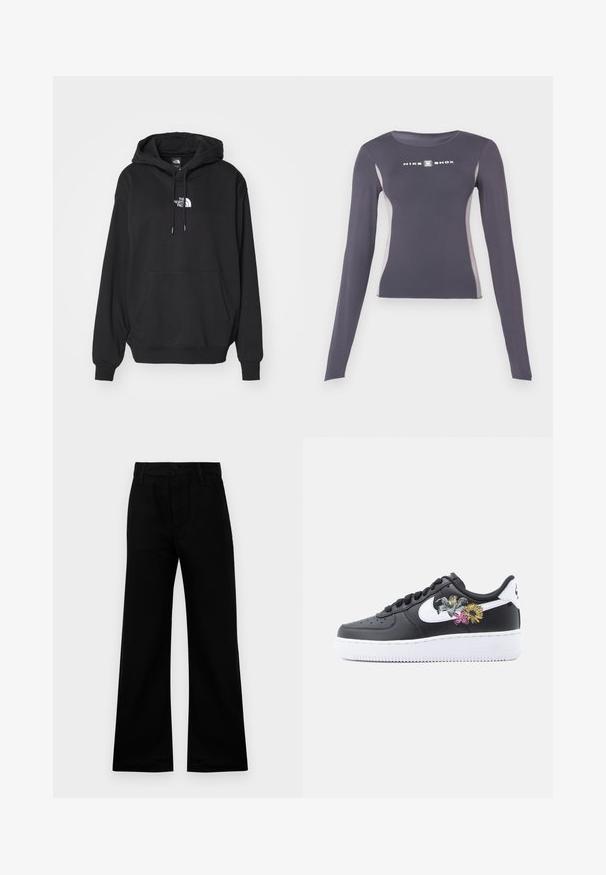 Zwarte hoodie met een kangoeroezak, voorzien van een wit logo op de borst, gemaakt van zachte stof, ontworpen voor casual gebruik.; Donkergrijs langmouw sporttop dat aansluitend is, met lichtgrijze zijpanelen en een witte "Nike Shox" logo op de borst.; Zwarte wijde broek van gladde stof met een hoge taille, voorzien van een knoopsluiting en riemlussen, en biedt een gestructureerde pasvorm.; Zwarte leren sneaker met witte zool, voorzien van bloemrijke borduursels aan de zijkant, zwarte veters en een Nike Swoosh-logo.