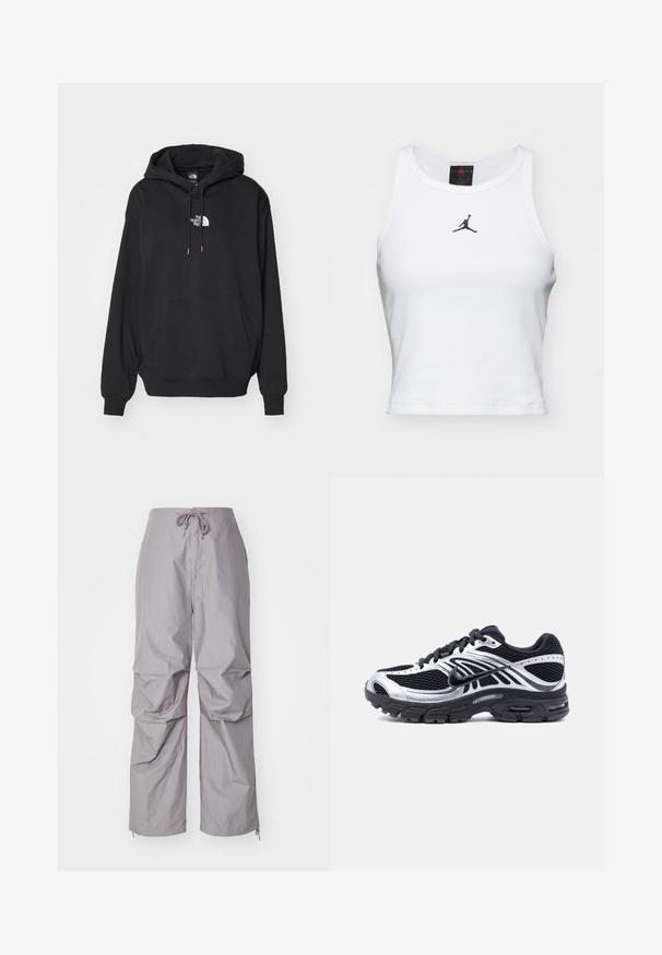 Čierna mikina s kapucňou a kengurím vreckom, s bielym logom na hrudi, vyrobená z jemného materiálu, určená na bežné nosenie.; Biely crop tank top vyrobený z bavlny s rebrovanou textúrou. Obsahuje čierne logo Jordan v strede a klasický okrúhly výstrih.; Sivé, voľné nohavice vyrobené z ľahkého materiálu, s elastickým pásom na šnúrku a zužujúcimi sa rukávmi so zipsami. Štruktúrovaný povrch.; Čierna a strieborná bežecká topánka Nike s vrchnou časťou z priedušnej sieťoviny, podrážkou s vzduchovým vankúšom a šnúrkami, zobrazená z boku na bielom pozadí.