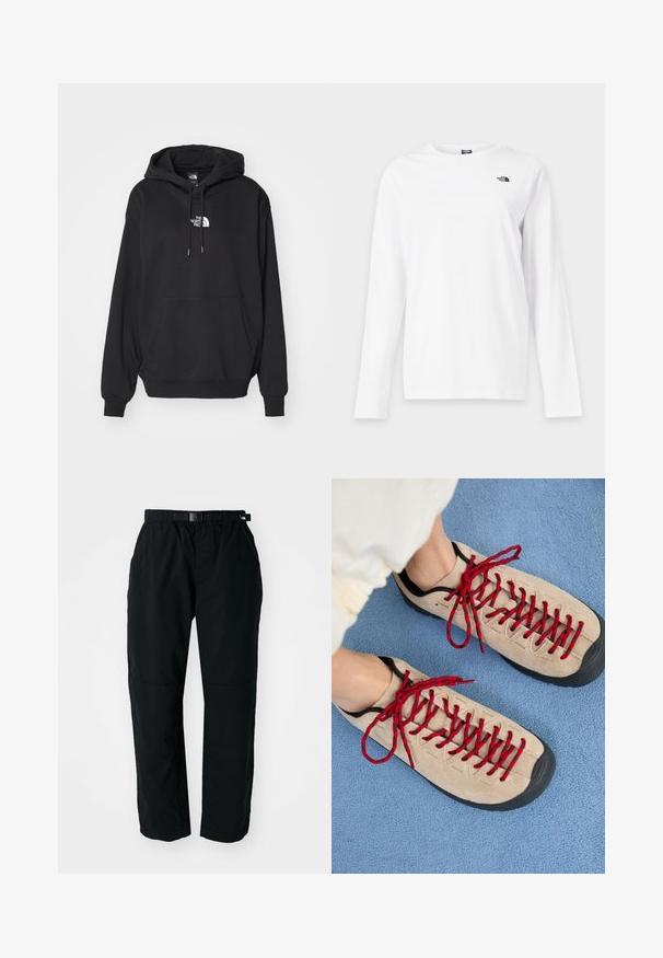 Zwarte hoodie met een kangoeroezak, voorzien van een wit logo op de borst, gemaakt van zachte stof, ontworpen voor casual gebruik.; Wit shirt met lange mouwen en ronde hals met klein zwart The North Face-logo op de linkerborst.; Zwarte lichtgewicht broek met een elastische tailleband en verstelbare riem. Kenmerkt zich door taps toelopende benen en versterkte knieën voor duurzaamheid.; Beige schoenen met rode veters, geplaatst op een blauwe, gestructureerde ondergrond, onthullen gedeeltelijk de enkel van een persoon. De schoenen hebben een sportief ontwerp.