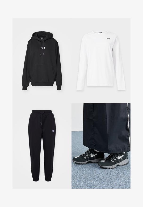 Schwarzer Kapuzenpullover mit Kängurutasche, ausgestattet mit einem weißen Logo auf der Brust, aus weichem Stoff, entworfen für Freizeitkleidung.; Weißes Langarmshirt mit Rundhalsausschnitt und kleinem schwarzem The North Face-Logo auf der linken Brust.; Schwarze Jogginghose mit elastischem Bund und Bündchen, Kordelzug, seitlichen Taschen und kleinem weißen The North Face-Logo am rechten Oberschenkel.; Schwarze Sportschuhe mit einer strukturierten Oberseite, silbernen Akzenten und einer gemusterten Außensohle, kombiniert mit einem schwarzen langen Kleidungsstück. Auf einem blauen Teppich drapiert.