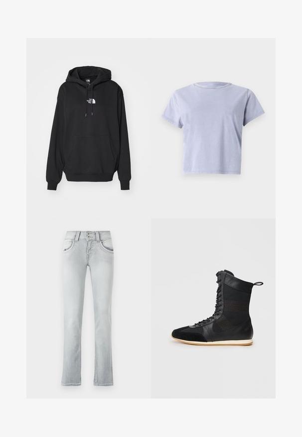 Zwarte hoodie met een kangoeroezak, voorzien van een wit logo op de borst, gemaakt van zachte stof, ontworpen voor casual gebruik.; Korte mouwen, ronde hals t-shirt in licht lavendel. Gemaakt van zachte katoen, met een relaxte pasvorm en een eenvoudig design zonder patronen of versieringen.; Lichtblauwe spijkerbroek met een flared leg ontwerp, voorzien van twee voorzakken, een knopenrits met twee knopen en subtiele vervaagde details.; Zwarte hoge laarzen met een mix van leer en gaas materialen, textuuraccenten, een vetersluiting aan de voorkant en een lichtgekleurde rubberen zool.