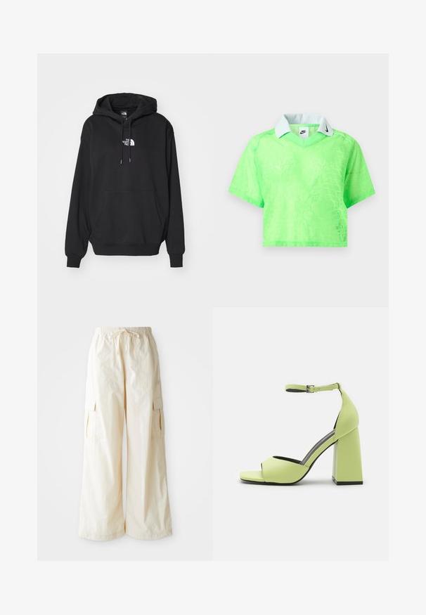 Sort hættetrøje med kængurulomme, med hvidt logo på brystet, lavet af blødt stof, designet til afslappet brug.; Neongrøn kortærmet croptop med subtilt mønster, hvid krave og sort Nike swoosh-logo på kraven og indvendig mærkat.; Bredde cargo bukser i lys beige stof med elastisk talje, snøre lukning og sidelommer. Glat tekstur med minimal detaljer.; Even&Odd Højhælede sandaletter / Højhælede sandaler - light green
