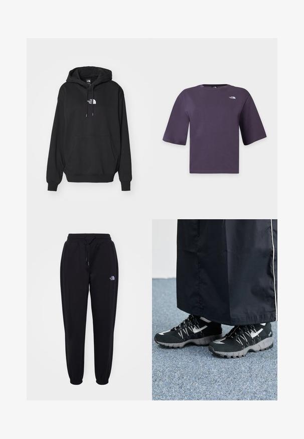 Black hooded sweatshirt with a kangaroo pocket, featuring white logo on the chest, made from soft fabric, designed for casual wear.; Dark purple short-sleeve crew neck t-shirt with The North Face logo in white on the left chest.; Black jogger pants with elastic waistband and cuffs, drawstring tie, side pockets, and small white The North Face logo on the right thigh.; Black athletic shoes with a textured upper, silver accents, and a patterned outsole, paired with a black long garment. Set against blue carpet.