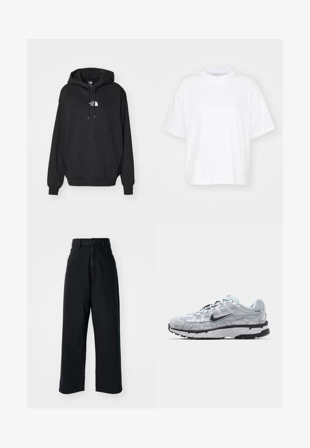 Schwarzer Kapuzenpullover mit Kängurutasche, ausgestattet mit einem weißen Logo auf der Brust, aus weichem Stoff, entworfen für Freizeitkleidung.; Weißes Baumwoll-T-Shirt mit Rundhalsausschnitt, kurzen Ärmeln und lockerer Passform. Verfügt über ein dezentes Logo auf der linken Brustseite. Glatte Textur.; Schwarze hoch sitzende weite Jeans mit frontalen Taschen und Knopfverschluss, vor einem schlichten weißen Hintergrund präsentiert.; Nike P-6000 Sneakers mit einem Obermaterial aus leichtem grauem Mesh, schwarzen Akzenten und einer langlebigen schwarzen Gummisohle. Verfügt über ein komplexes Design und ein Schnürsystem.