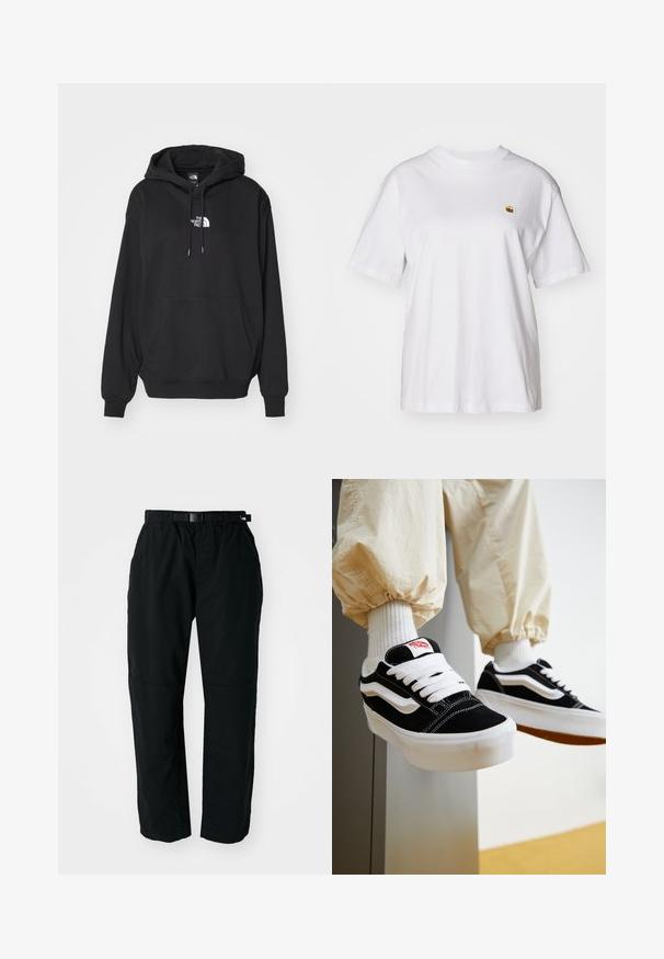 Schwarzer Kapuzenpullover mit Kängurutasche, ausgestattet mit einem weißen Logo auf der Brust, aus weichem Stoff, entworfen für Freizeitkleidung.; Weißes Baumwoll-T-Shirt mit lockerem Schnitt, kurzen Ärmeln und einem kleinen gestickten Logo auf der linken Brustseite.; Schwarze, leichte Hose mit einem elastischen Bund und verstellbarem Gürtel. Verfügt über schmal zulaufende Beine und verstärkte Kniepartien für Langlebigkeit.; Person, die schwarz-weiße Vans-Sneaker mit weißen Schnürsenkeln, weißen Socken und beigen Hosen mit elastischen Bündchen trägt.