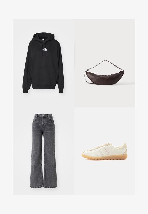 Sort hættetrøje med kængurulomme, med hvidt logo på brystet, lavet af blødt stof, designet til afslappet brug.; Bredde ben grå denim bukser med høj talje, der har traditionel fem-lomme styling og en subtil falmet finish.; Beige lavskoet sneakers med tekstureret stofoverdel, tre hvide snørestriber, beige ruskind accents, gummisål og snørelukning.; Mørkebrun læder skuldertaske i halvmåneform med buet rem og synlige syninger på ensfarvet baggrund.