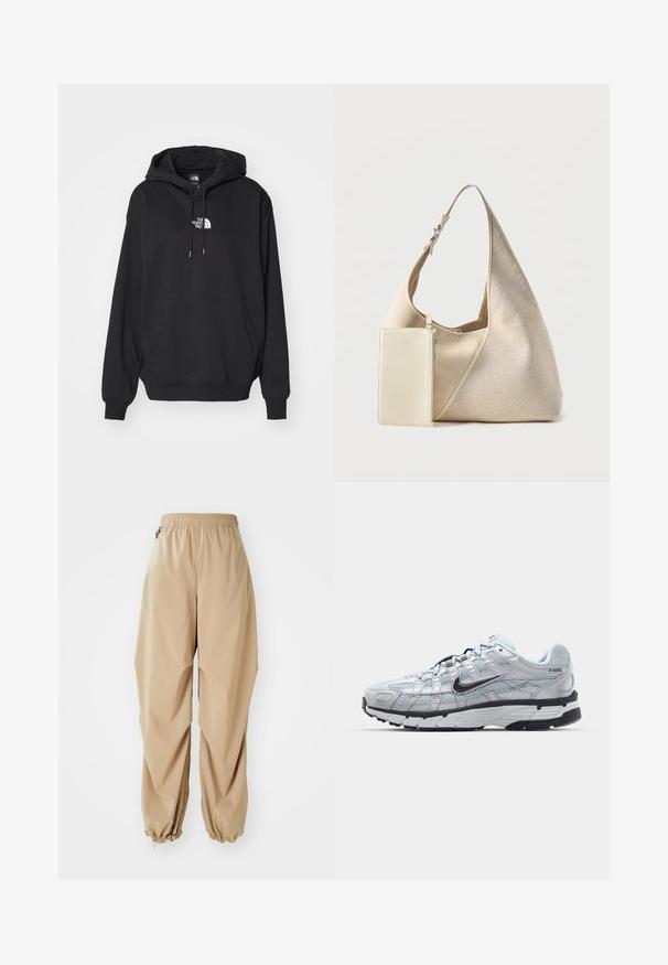 Schwarzer Kapuzenpullover mit Kängurutasche, ausgestattet mit einem weißen Logo auf der Brust, aus weichem Stoff, entworfen für Freizeitkleidung.; Beige leichte Hose mit elastischem Bund, schmal zulaufenden Säumen und glatter Textur, die eine lockere Passform hat und keine sichtbaren Muster oder Verzierungen aufweist.; Nike P-6000 Sneakers mit einem Obermaterial aus leichtem grauem Mesh, schwarzen Akzenten und einer langlebigen schwarzen Gummisohle. Verfügt über ein komplexes Design und ein Schnürsystem.; Beige Stoff-Hobo-Tasche mit verstellbarem Riemen und angebrachtem kleinem rechteckigem Reißverschlussfach in passender Farbe.