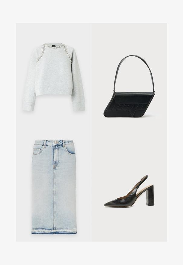 Grå sweatshirt med cropped design, der har sølvdekorationer langs halsudskæringen og skuldrene, lavet af blødt bomuldsmateriale.; Denim midi-sund i lys blå, med fem lommer, lige snit og afsluttet med en rå kant. Klassisk metalknap og lynlåslukning.; Sort læder peep-toe slingback sko med høj blokhæl og beige indvendig foring mod en ensfarvet lys baggrund.; Sort skuldertaske i læder med trekantet form, præget logo og en enkelt justerbar rem. Minimalistisk design med glat tekstur.