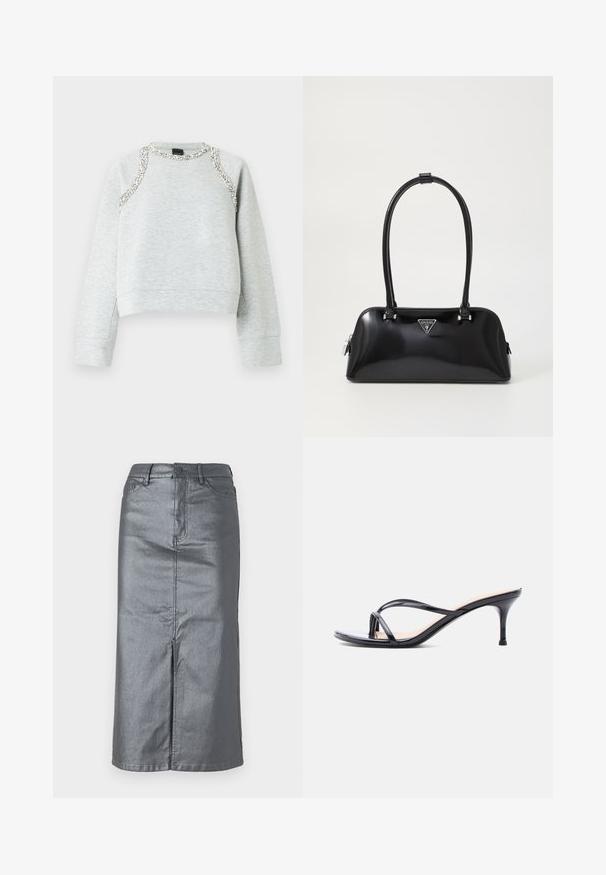 Grauer Sweatshirt mit kurzem Schnitt, verziert mit silbernen Applikationen entlang des Halsausschnitts und der Schultern, gefertigt aus weichem Baumwollmaterial.; Metallisch grauer Jeansrock mit gerader Form, vorderem Schlitz, fünf Taschen-Design und einem Knopfverschluss an der Taille. Flache Nähte sind sichtbar.; Schwarze Peeptoe-Sandale aus Lackleder mit dünnen, gekreuzten Riemen und einem schlanken, mittelhohen Stilettoabsatz vor weißem Hintergrund.; Schwarz glänzende Handtasche mit geschwungener Silhouette, zwei Griffen und einem Logo-Plakette auf der Vorderseite. Reißverschlussverschluss und glänzende Hardwareakzente.