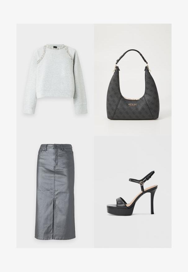 Grå sweatshirt med cropped design, der har sølvdekorationer langs halsudskæringen og skuldrene, lavet af blødt bomuldsmateriale.; Metalgrå denim-nederdel med en lige form, for-slids, fem-lomme design og knaplukning i taljen. Flade sømme er synlige.; Sorte platformsandaler med høj stiletthæl, der har en glat læderoverdel, peep toe-design og en justerbar ankelrem med metalbeslag.; Sort skuldertaske med et buet design, lavet af tekstureret materiale. Har et guld logo og lynlås lukning, med en glat rem.
