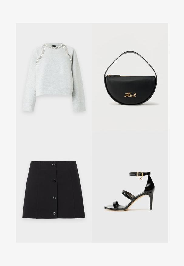 Grå sweatshirt med cropped design, der har sølvdekorationer langs halsudskæringen og skuldrene, lavet af blødt bomuldsmateriale.; Sort mini nederdel med knapper lavet af bomuld, med en lige skæring, seks sorte knapper foran og en glat tekstur.; Sorte patenterede lædersandaler med tre stropper, ankelspænde og 10 cm stiletthæl. Har detaljer i guld og et logo charms.; Sort halvcirkelformet håndtaske med toplynlås og et guld "Karl"-logo på forsiden, med et matchende sort håndtag.