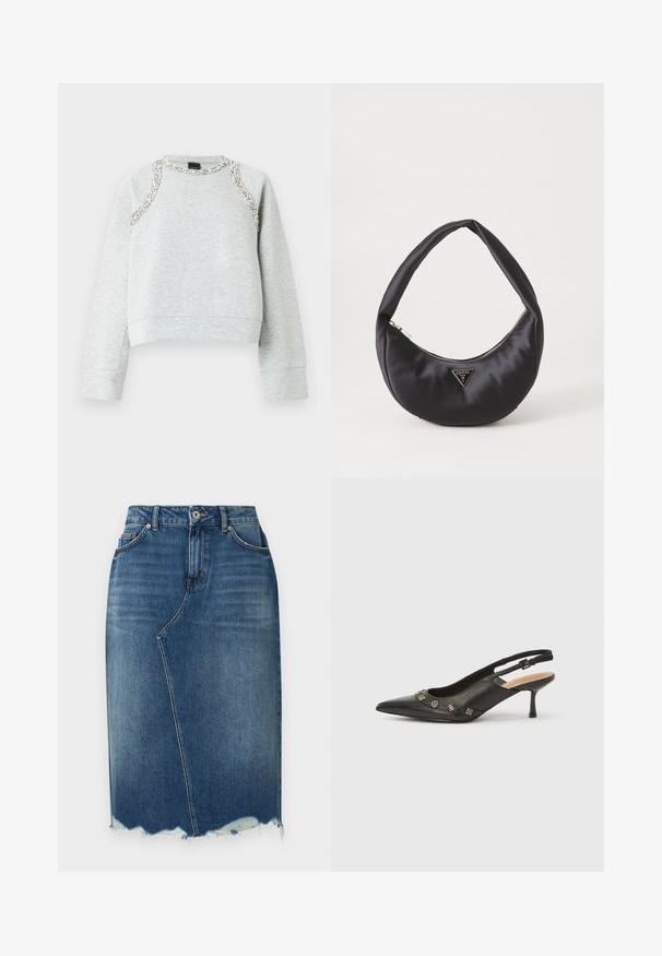 Grauer Sweatshirt mit kurzem Schnitt, verziert mit silbernen Applikationen entlang des Halsausschnitts und der Schultern, gefertigt aus weichem Baumwollmaterial.; Blauer Jeans-Bleistiftrock mit asymmetrischer vorderer Naht, ausgefranstem Saum, Gürtelschlaufen und Vordertaschen.; Schwarzer Leder-Pumps mit Slingback, spitzer Spitze, kleinem Absatz und dekorativen metallischen Akzenten entlang der vorderen Öffnung. Glatte Textur.; Schwarze Satin-Handtasche mit geschwungener Form, ausgestattet mit einem Reißverschluss und einem dreieckigen Metallsymbol auf der Vorderseite. Glatte Textur und elegantes Design.