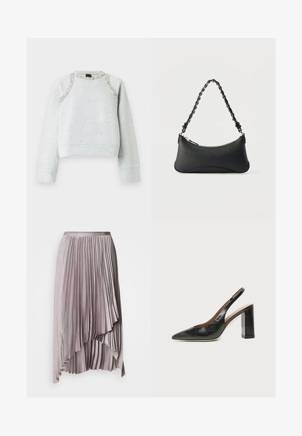 Grå sweatshirt med cropped design, der har sølvdekorationer langs halsudskæringen og skuldrene, lavet af blødt bomuldsmateriale.; Lys mauve asymmetrisk plisseret nederdel med satinlinning og lagdelt, faldende kantdetalje mod en ensfarvet baggrund.; Sort læder peep-toe slingback sko med høj blokhæl og beige indvendig foring mod en ensfarvet lys baggrund.; Sort skuldertaske i læder med en buet rektangulær form, gyldent kæde vævet ind i en flettet sort rem og toplynlås.