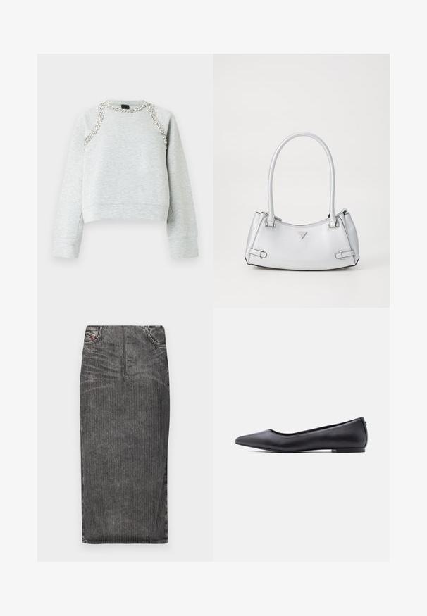 Grå sweatshirt med cropped design, der har sølvdekorationer langs halsudskæringen og skuldrene, lavet af blødt bomuldsmateriale.; Grå denim midi-skjørt med vertikale striber, med høj talje, fem lomme-design og en ren kant.; Sort flad lædersko med spidst tåparti og lav hæl, vist i sideprofil mod en hvid baggrund.; Sølv håndtaske med et struktureret design, der har to håndtag, en skinnende overflade, accenthardware og et trekantet logo på fronten.