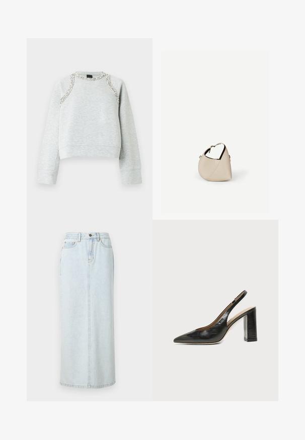Grå sweatshirt med cropped design, der har sølvdekorationer langs halsudskæringen og skuldrene, lavet af blødt bomuldsmateriale.; Lyseblå denim maxi-nederdel med lige design, frontknaplukning og synlige syninger. Har to frontlommer.; Sort læder peep-toe slingback sko med høj blokhæl og beige indvendig foring mod en ensfarvet lys baggrund.; Beige læder håndtaske i halvmåneform med en enkelt skulderrem og minimal syning, sat mod en ensartet hvid baggrund.