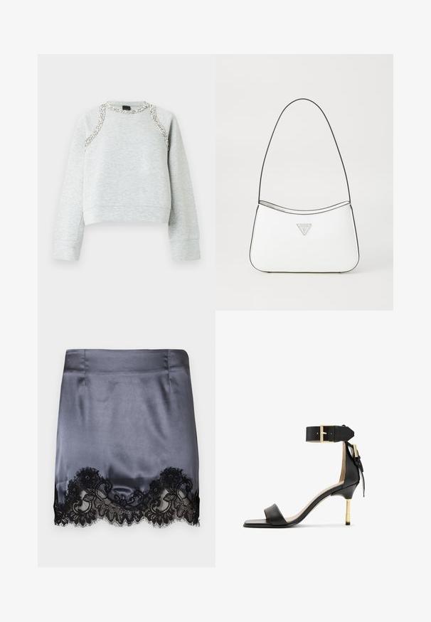Grå sweatshirt med cropped design, der har sølvdekorationer langs halsudskæringen og skuldrene, lavet af blødt bomuldsmateriale.; Grå satin mininederdel med sort blondekant ved sømmen med blomstermønstre. Glat tekstur, tætsiddende design og rene syninger.; Sort læder hæl sandal med firkantet tå, ankelrem med en guldbuckle og en slank metallisk hæl. Glat tekstur, minimalistisk design.; Hvid håndtaske med et slankt, buet design, der har en tynd sort rem og sølvfarvet trekantet logoaccent. Glat tekstur og minimal detaljering.