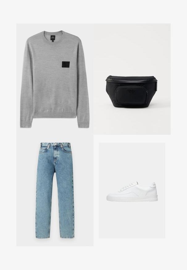 Suéter gris con cuello redondo, mangas largas y puños acanalados. Cuenta con un parche de logo texturizado en negro en el pecho. Material de punto suave.; Vaqueros de mezclilla azul claro con corte de pierna recta, cinco bolsillos y cierre con botón de latón. La tela tiene una textura ligeramente desgastada y un aspecto desteñido.; Zapatilla deportiva blanca de corte bajo con diseño con cordones, parte superior de cuero liso y suela gruesa, vista de lado sobre un fondo liso.; Bolsa negra de nailon con un bolsillo delantero con cremallera, presenta una textura lisa y un acento de logo. Diseño estructurado con una tapa plegable.