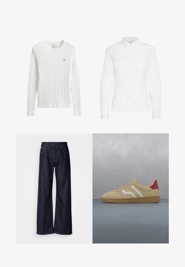 Pull blanc en maille torsadée avec un col rond, des poignets et un ourlet côtelés, comprenant un petit logo brodé sur la poitrine gauche.; Chemise blanche à boutons, en tissu lisse. Présente des manches longues, un col classique et six boutons à l'avant avec une coupe ajustée.; Jean en denim noir à jambes larges et taille haute, avec poches avant et détails de couture subtils. Texture lisse avec une coupe classique.; Baskets en daim beige avec un accent rouge au talon, des bandes blanches et une semelle en caoutchouc texturée beige clair. Muni de lacets et d'un intérieur lisse.