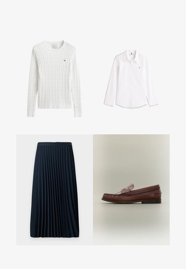 Pull blanc en maille torsadée avec un col rond, des poignets et un ourlet côtelés, comprenant un petit logo brodé sur la poitrine gauche.; Chemise blanche à manches longues, boutonnée, avec col et petit logo brodé sur la poitrine gauche.; Jupe plissée marine avec une taille texturée, en tissu lisse, présentant des plis verticaux régulièrement espacés et un design mi-mollet.; Mocassin pour homme en cuir marron avec semelle noire et détail de bride décorative, présenté en profil latéral sur un fond neutre.