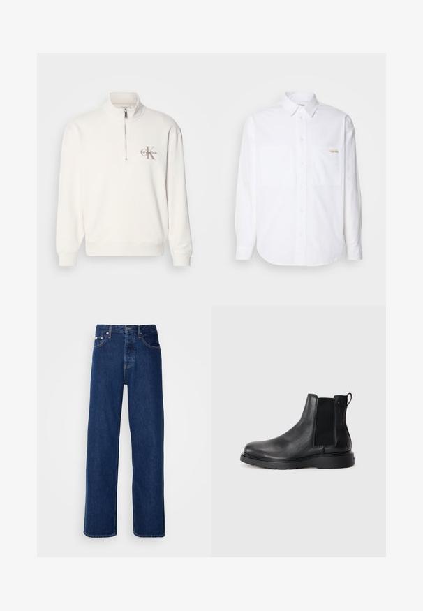 Hvid pullover sweatshirt med halv-zip krave, der har et gråt logo på venstre bryst og ribbede manchetter og kant. Blødt materiale.; Hvid langærmet skjorte med knaplukning, lavet af bomuld. Har to brystlommer, en buet kant og et lille guldlogo på venstre lomme.; Mørkeblå denimjeans med et bredt ben-design, der har en knaplukning og klassisk fem-lomme styling. Stoffet har en glat tekstur.; Sorte læder chelsea støvler med tekstureret finish, elastiske sidepaneler og en robust gummisål. Subtil branding på hælen.