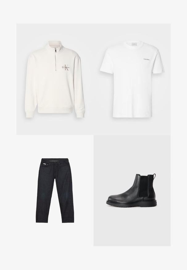 Hvid pullover sweatshirt med halv-zip krave, der har et gråt logo på venstre bryst og ribbede manchetter og kant. Blødt materiale.; Hvid bomulds T-shirt med korte ærmer og rund halsudskæring. Har et lille sort "Calvin Klein" logo på venstre bryst.; Mørkeblå denimjeans med et lige ben, der har fem lommer og minimal syning for et rent udseende.; Sorte læder chelsea støvler med tekstureret finish, elastiske sidepaneler og en robust gummisål. Subtil branding på hælen.