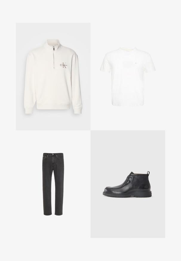 Hvid pullover sweatshirt med halv-zip krave, der har et gråt logo på venstre bryst og ribbede manchetter og kant. Blødt materiale.; Hvid T-shirt med korte ærmer og rund hals med lille broderet "ck" logo på venstre bryst.; Sorte jeans med lige ben i denim med knap- og lynlås-lukning foran, for- og baglommer, vist på hvid baggrund.; Sorte læder ankelstøvler med rund tå, snørelukning og en løkke bagpå. Tekstureret overdel og gummisål.
