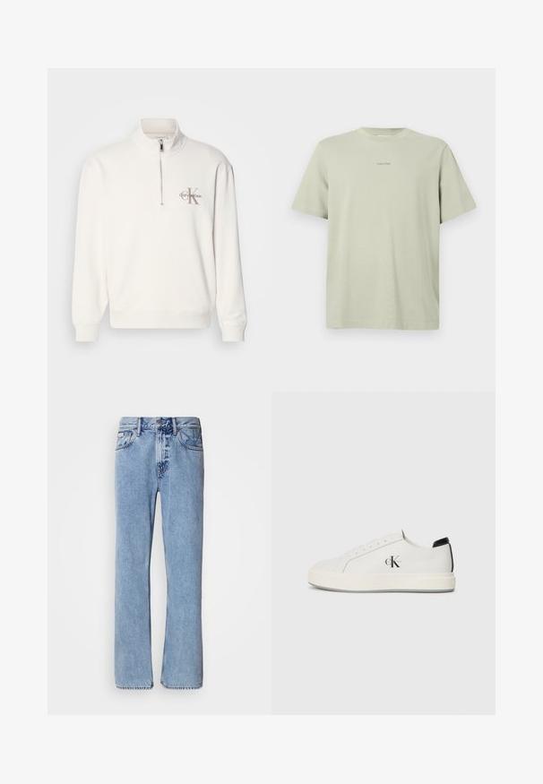 Witte pullover sweatshirt met een half-rits kraag, voorzien van een grijs logo op de linkerborst en geribbelde manchetten en zoom. Zachte materiaaltextuur.; Lichtgroene katoenen t-shirt met een ronde hals, korte mouwen en een klein Calvin Klein-logo in een donkerdere tint gedrukt op de borst.; Lichtblauwe denim jeans met een recht ontwerp, vijf zakken en een knoopsluiting. Stikdetails nabij de zakken en de tailleband.; Witte leren sneakers met een ronde neus, platte rubberen zool en zwarte hielaccent. Voorzien van een prominent zwart Calvin Klein-logo aan de zijkant.