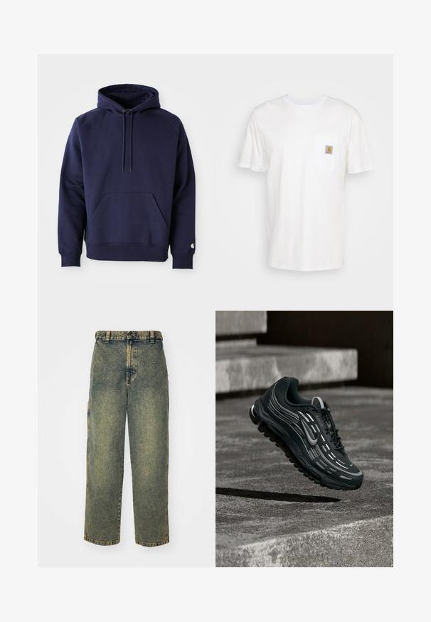Marineblå pullover hoodie lavet af blødt stof. Har en kængurulomme, snøre i hætten og ribbede manchetter. Udsmykket med logo på ærmet.; Hvid bomulds T-shirt med korte ærmer, en brystlomme, og et lille firkantet logo patch i orange og hvid på lommen.; Slidse denim jeans i en falmet blå og grøn vask. Har en knaplukning, bælteløkker og sidelommer. Flad front og lige ben-design.; Sort og grå Nike Air Max sneaker, der flyder over grå betontrin med tekstureret jordbaggrund.