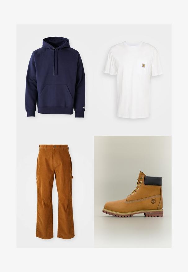 Marineblå pullover hoodie lavet af blødt stof. Har en kængurulomme, snøre i hætten og ribbede manchetter. Udsmykket med logo på ærmet.; Hvid bomulds T-shirt med korte ærmer, en brystlomme, og et lille firkantet logo patch i orange og hvid på lommen.; Brune kordfløjlsbukser med en udvidet benstruktur, med sidelommer og en frontknaplukning. Teksturen er blød og ribbet.; Brun læderankelstøvle med sort krave, gule snørebånd og tanfarvet sål. Har logo og hvide syninger som detalje. Robust ydersål med greb.