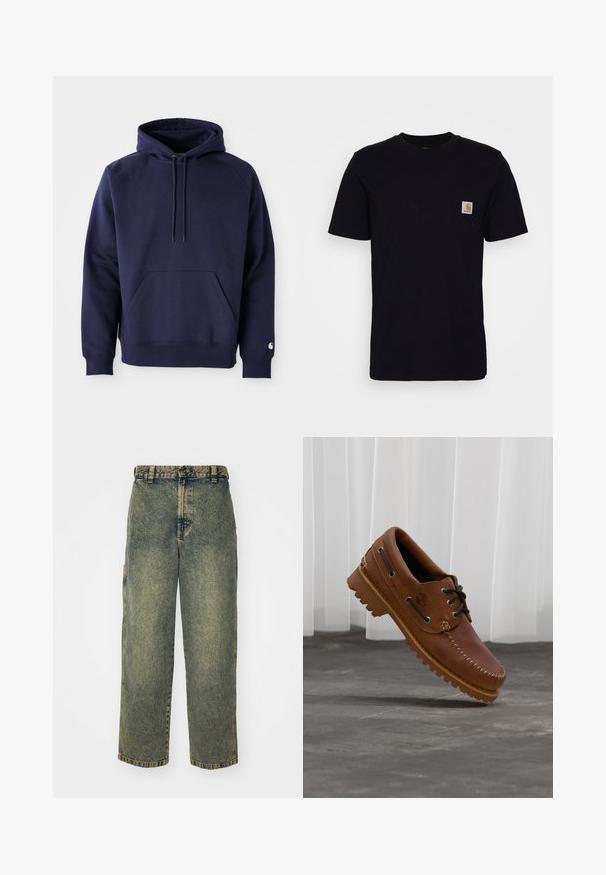 Donkerblauwe pullover hoodie van zacht stof. Voorzien van een kangoeroezak, trekkoordcapuchon en ribgebreide manchetten. Geaccentueerd met logo op de mouw.; Zwarte katoenen t-shirt met korte mouwen, ronde hals en een borstzak met een klein, vierkant logo patch. Eenvoudig, stevig ontwerp.; Baggy denim jeans in een vervaagde blauwe en groene was. Heeft een knoopsluiting, riemlussen en zijzakken. Vlakke voorkant en rechte pijpen.; Bruine leren bootschoen met zwarte veters, beige stiksel en een robuuste zool, zwevend boven een grijze betonnen vloer.