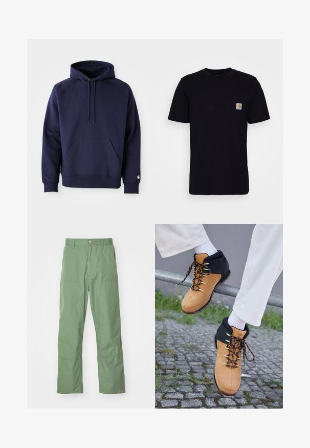 Marineblå pullover hoodie lavet af blødt stof. Har en kængurulomme, snøre i hætten og ribbede manchetter. Udsmykket med logo på ærmet.; Sort bomulds T-shirt med korte ærmer, rund hals og en brystlomme, der har et lille, kvadratisk logo-patch. Enkel, ensfarvet design.; Lysgrønne, afslappede bukser med en glat tekstur, der har sidelommer og synlige syninger. Hel længde med et lige ben-design.; Brune og sorte vandrestøvler med overdel i ruskind, guldøjer og mønstrede snørebånd, præsenteret på et rækværk over brosten. Hvide sokker synlige.