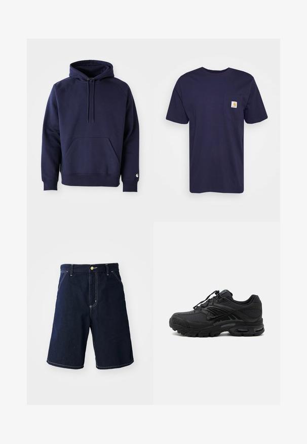 Donkerblauwe pullover hoodie van zacht stof. Voorzien van een kangoeroezak, trekkoordcapuchon en ribgebreide manchetten. Geaccentueerd met logo op de mouw.; Navyblauwe katoenen t-shirt met korte mouwen, ronde hals en linkerkant borstzak met een geel en wit Carhartt-logo erop geborduurd.; Donkerblauwe denim shorts met witte stiksels, een klassieke snit, vijf zakken en een sluiting met een knoop aan de voorkant.; Zwarte atletische sneaker met textuurstof, dikke gevoerde zool, luchtopeningen en vetersluiting, vanaf de zijkant weergegeven tegen een lichte achtergrond.