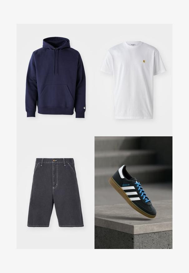 Marineblå pullover hoodie lavet af blødt stof. Har en kængurulomme, snøre i hætten og ribbede manchetter. Udsmykket med logo på ærmet.; Hvid bomulds t-shirt med korte ærmer, rund hals og et lille guld logo på venstre brystområde. Blød tekstur og almindelig pasform.; Mørkegrå denimshorts med en afslappet pasform, der har knaplukning, bæltestropper og diskret hvid syning. Ingen synlige lommer.; Sort Adidas sneaker med hvide striber, blå snørebånd og gummisål, der svæver over gråt betontrin i blødt lys.