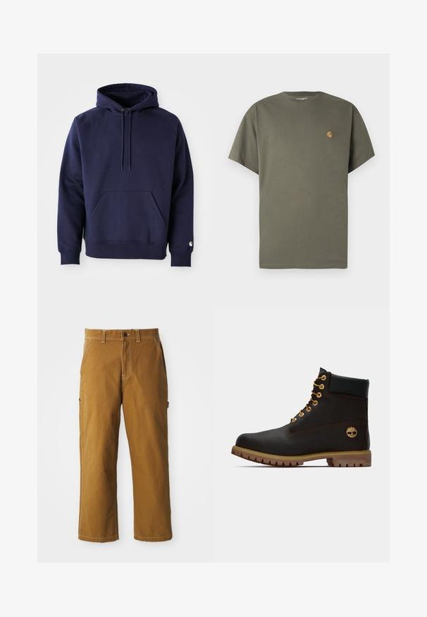 Marineblå pullover hoodie lavet af blødt stof. Har en kængurulomme, snøre i hætten og ribbede manchetter. Udsmykket med logo på ærmet.; Olivengrøn T-shirt med rund hals og korte ærmer, lavet af bomuld, med en lille orange logo på venstre bryst.; Brune bomuldsbukser med lige pasform, forstærkede sømme og sidelommer. Har en knaplukning og bæltestropper i taljen.; Sorte læder ankelstøvle med gyldne øjer, brune detaljer og gummisål. Har en polstret krave og præget logo på siden.