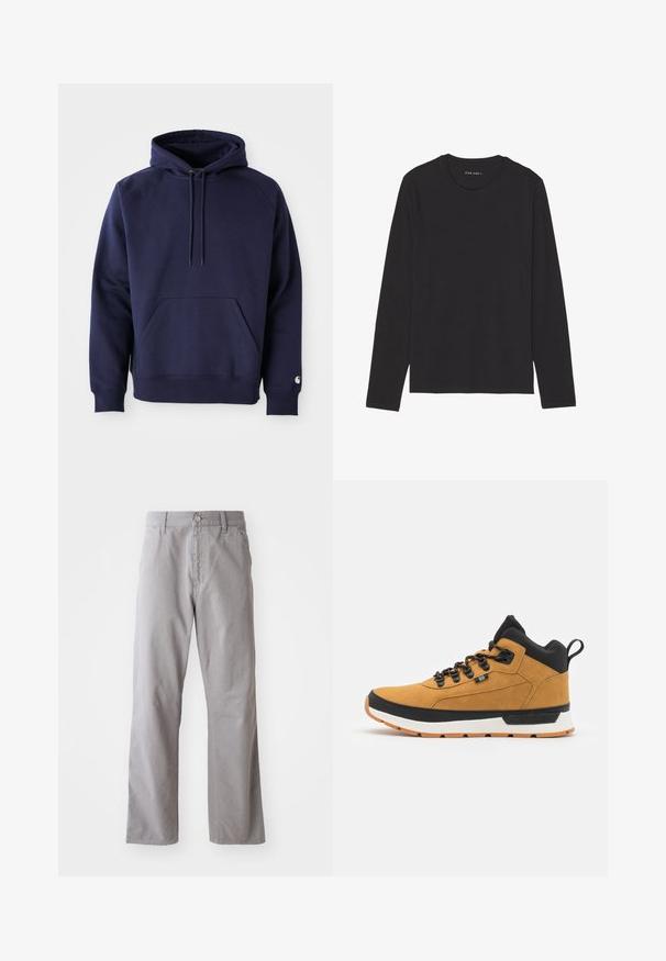 Marineblå pullover hoodie lavet af blødt stof. Har en kængurulomme, snøre i hætten og ribbede manchetter. Udsmykket med logo på ærmet.; Sort langærmet t-shirt lavet af blødt, let stof. Har rund halsudskæring og lige kant. Ingen synlige mønstre eller detaljer.; Grå bomuldsbukser med lige ben-design, der har en frontknaplukning og bæltestropper. Glat tekstur og minimal detaljer.; Brun syntetisk mid-top sneakers med sorte accenter, teksturerede paneler, runde snørebånd og en hvid sål med gummiydersål for godt greb.