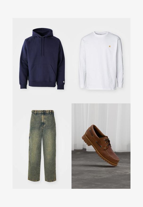 Marineblå pullover hoodie lavet af blødt stof. Har en kængurulomme, snøre i hætten og ribbede manchetter. Udsmykket med logo på ærmet.; Hvid langærmet t-shirt lavet af bomuld. Har et lille gyldent logo på brystet og en rund halsudskæring. Enkel design og standard pasform.; Slidse denim jeans i en falmet blå og grøn vask. Har en knaplukning, bælteløkker og sidelommer. Flad front og lige ben-design.; Brun læder bådsko med sorte snørebånd, beige syninger og en robust sål, hængende over en grå betongulv.