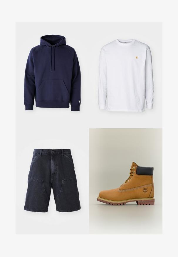 Marineblå pullover hoodie lavet af blødt stof. Har en kængurulomme, snøre i hætten og ribbede manchetter. Udsmykket med logo på ærmet.; Hvid langærmet t-shirt lavet af bomuld. Har et lille gyldent logo på brystet og en rund halsudskæring. Enkel design og standard pasform.; Mørke denim shorts med lige snit, store forlommer og knaplukning; glat tekstur og minimale syninger.; Brun læderankelstøvle med sort krave, gule snørebånd og tanfarvet sål. Har logo og hvide syninger som detalje. Robust ydersål med greb.
