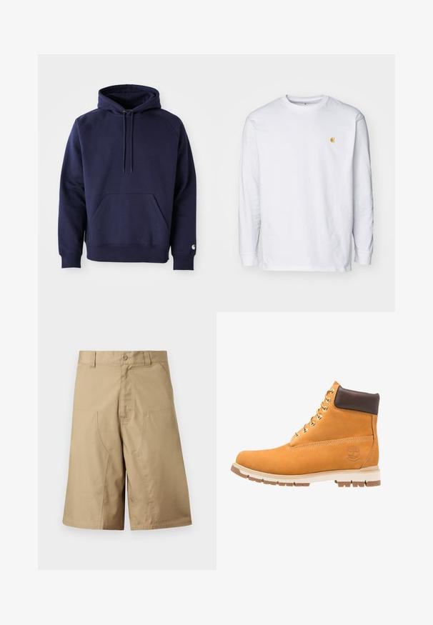 Marineblå pullover hoodie lavet af blødt stof. Har en kængurulomme, snøre i hætten og ribbede manchetter. Udsmykket med logo på ærmet.; Hvid langærmet t-shirt lavet af bomuld. Har et lille gyldent logo på brystet og en rund halsudskæring. Enkel design og standard pasform.; Khaki shorts med lige pasform, lavet af letvægtsstof, der har to forlommer og knaplukning i taljen.; Timberland RADFORD 6 IN BOOT WP - Snørestøvletter - wheat