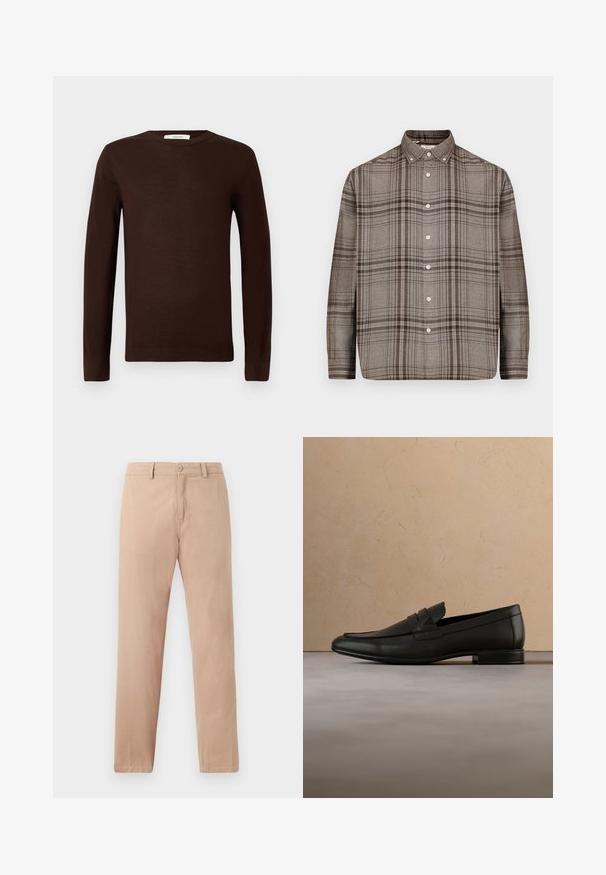 Dunkelbrauner langärmeliger Rundhalsausschnitt-Pullover mit gerippten Bündchen und Saum, auf einem schlichten weißen Hintergrund präsentiert.; Langärmliges karottenbraunes und beige kariertes Hemd mit Knopflkragen und weißen Knöpfen an der Vorderseite.; Beige, gerade geschnittene Hose aus Baumwollstoff. Mit Knopfverschluss und Gürtelschlaufen. Glatte Textur mit minimalistischem Design.; Schwarzer Lederloafer schwebt über einem beigen Teppich mit beigem Sofa in einem minimalistischen Innenraum.