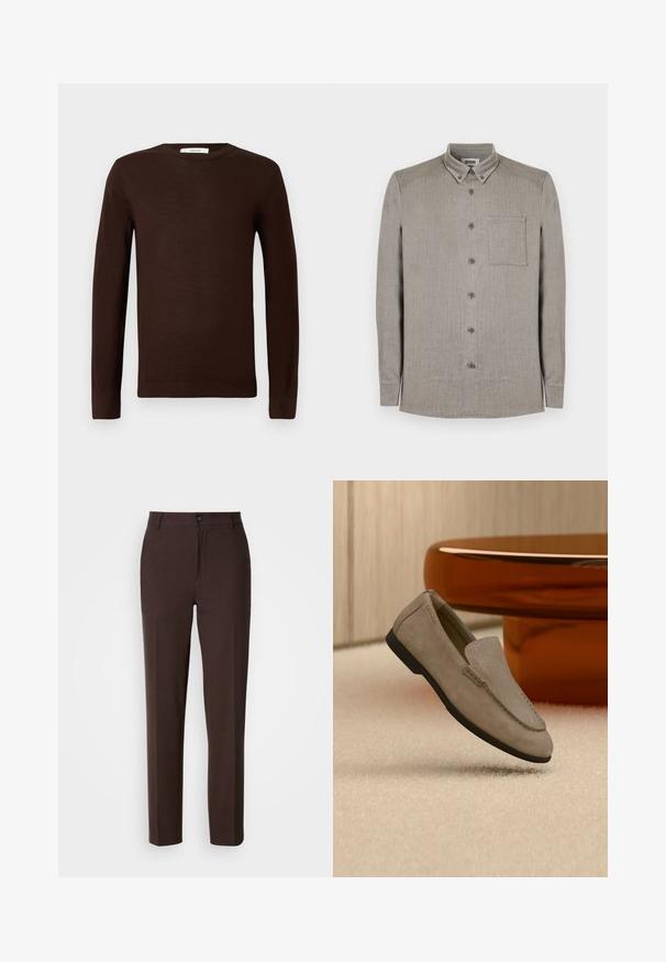 Mørkebrun langærmet crewneck sweater med ribbede manchetter og kant, præsenteret på en plain hvid baggrund.; Langærmet skjorte med knapper i lysegråt stof med en diskret tekstur, udstyret med en standardkrave og en brystlomme med påsyet lomme.; Brune bukser med lige ben, der har en enkelt forskydning foran, en knaplukning og en glat stofoverflade.; Lysebrun mokkasinsko i ruskind med sort sål, hvilende på en beige tæppe foran et reflekterende brunt rundt bord mod en trævæg.