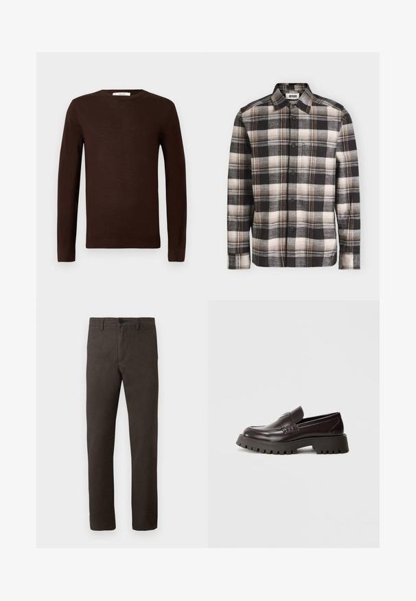 Dunkelbrauner langärmeliger Rundhalsausschnitt-Pullover mit gerippten Bündchen und Saum, auf einem schlichten weißen Hintergrund präsentiert.; Schwarz-weiß kariertes Hemd mit langen Ärmeln, Brusttasche und Kragen, dargestellt vor schlichtem Hintergrund.; Braune Hose aus einem strukturierten Stoff, mit geradem Bein, einem einzigen Knopfverschluss und minimalistischem Stil.; Burgunderrote Leder-Loafers mit dicker Gummisohle, geflochtenem Akzent an der Vorderseite und geprägtem Logo an der Ferse. Glatte Textur, elegantes Design.