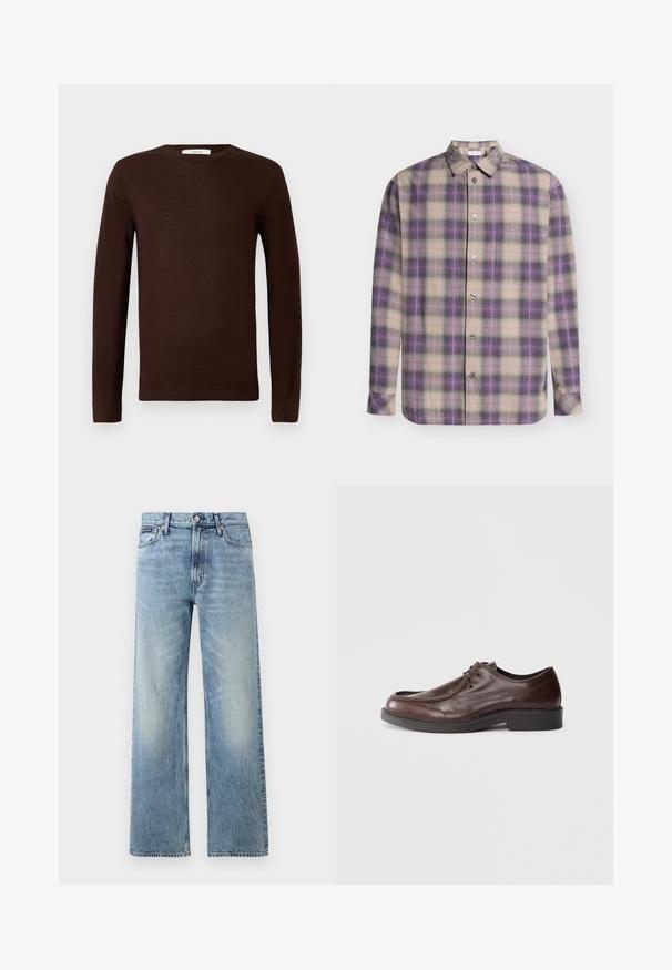 Jersey de manga larga de crew neck en marrón oscuro con puños y dobladillo acanalados, exhibido sobre un fondo blanco liso.; Camisa de manga larga con botones, con patrón de cuadros en beige, morado y negro y cuello clásico, mostrada extendida sobre un fondo claro.; Vaqueros de mezclilla azul claro de corte recto con cintura alta, cinco bolsillos, cierre de botón y sutil desgaste en los muslos y las rodillas.; Zapato de vestir de cuero marrón con punta redonda, acentos de costura mínimos y una suela negra resistente. Presenta un cierre con cordones y una textura suave.