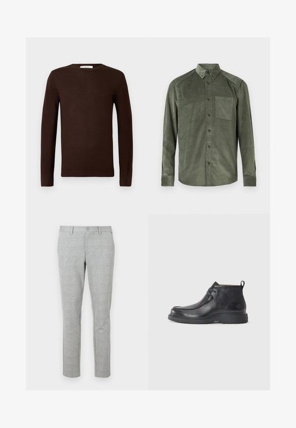 Pull à col rond à manches longues de couleur brun foncé avec des poignets et un ourlet côtelés, présenté sur un fond blanc uni.; Chemise à manches longues en velours côtelé vert olive pour hommes, avec poche poitrine et col boutonné, présentée sur fond blanc.; Pantalon de costume gris slim-fit en tissu texturé. Équipé d'une taille standard avec fermeture à bouton et poches latérales.; Bottes noires en cuir à talon arrondi, avec un design à lacets et une languette à l'arrière. Tige texturée et semelle en caoutchouc.