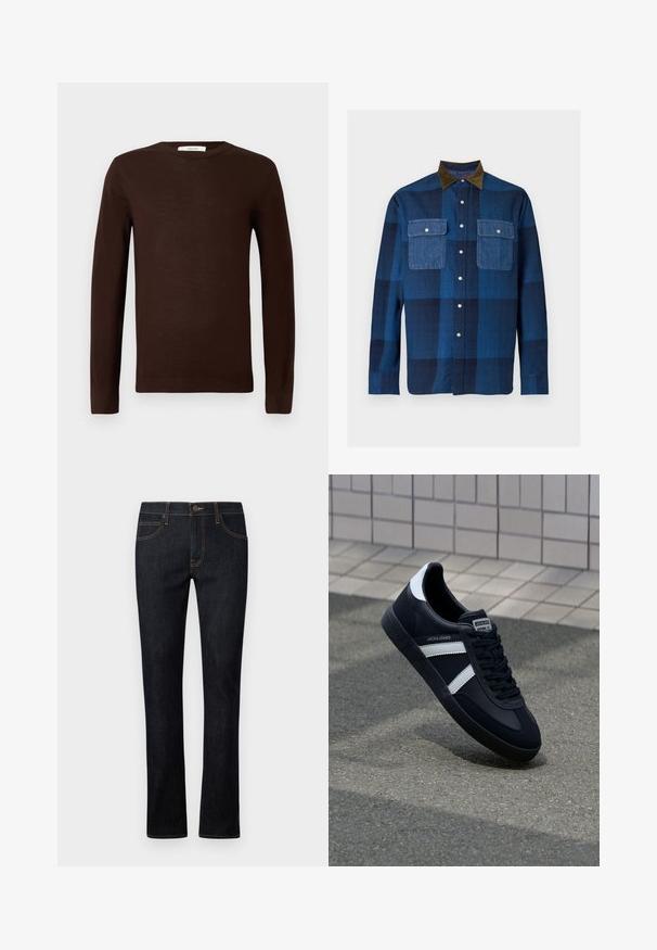 Dunkelbrauner langärmeliger Rundhalsausschnitt-Pullover mit gerippten Bündchen und Saum, auf einem schlichten weißen Hintergrund präsentiert.; Langärmliges blau kariertes Hemd mit dunkelblauen Denim-Klappentaschen und braunem Cordkragen, vorne geknöpft.; Dunkelblaue Jeans aus Denim mit geradem Bein, orangefarbener Naht, fünf Taschen und einem frontalen Knopfverschluss.; Schwarze Leder-Sneaker mit weißen Streifen, strukturiertem Gummisohle und Schnürung. Verfügt über ein Markenetikett auf der Zunge.