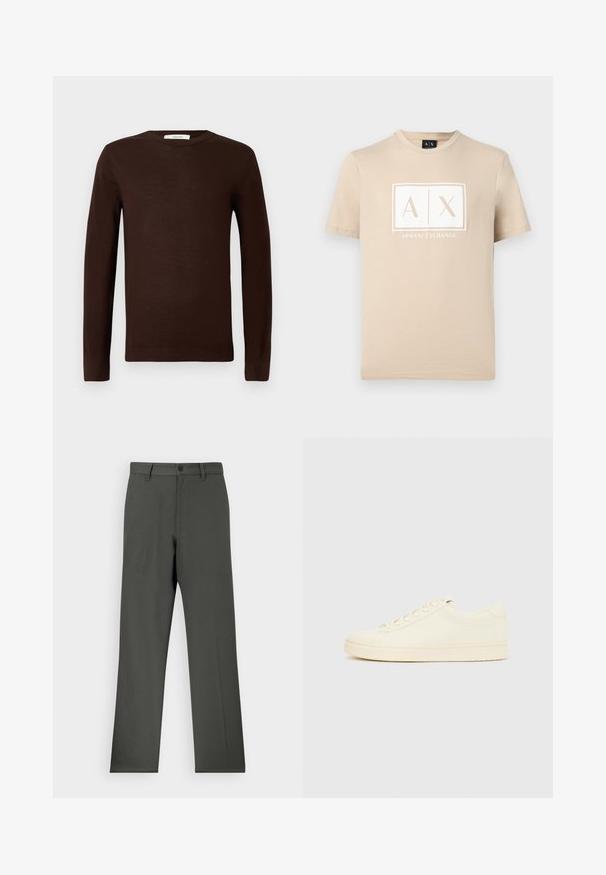 Pull à col rond à manches longues de couleur brun foncé avec des poignets et un ourlet côtelés, présenté sur un fond blanc uni.; T-shirt beige à manches courtes et col rond avec le logo "A|X" d'Armani Exchange en blanc centré sur la poitrine.; Pantalon gris foncé en tissu lisse, avec une coupe droite, fermeture à bouton et passants de ceinture. Pas de motifs ni d'accents visibles.; Baskets couleur crème avec une tige en cuir lisse, bout arrondi, laçage à l'avant et semelle en caoutchouc texturée. Design minimaliste, sans logo.