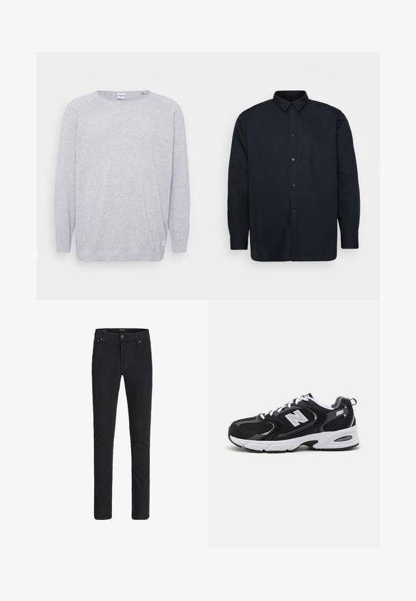 Lichtgrijze trui met lange mouwen, ronde hals en textuur gebreid. Heeft een subtiel gespikkeld patroon en een klein label aan de zoom.; Zwarte button-up shirt gemaakt van katoen, met een klassieke kraag, long sleeves en zeven knopen aan de voorkant. Soepele textuur, geen opvallende patronen.; Zwarte slim-fit jeans met knoop- en ritssluiting aan de voorkant, ontwerp met vijf zakken en riemlussen.; Zwarte en grijze sport schoenen met een bovenwerk van mesh en suede, voorzien van een witte tussenzool, veters en een gedurfde "N"-logo aan de zijkant.